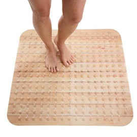 ENKOSI Extra Large Square Non Slip Shower Mat - 31 x 31-inch XL Bathroom Shower Mat - Square Shower Mats for Shower Stall Floors - Secure Suction Cups and Drain Holes (31x31 Wood Teak)