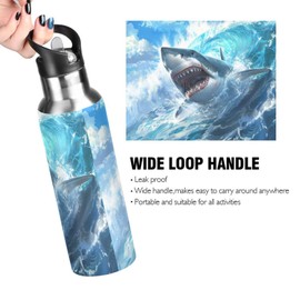 Cute Shark Blue Ocean Wave Water Bottle Kids Boys Girls Insulated Stainless Steel Hot Cold Water Flask with Straw Lid for Sports Gym Running 20 oz