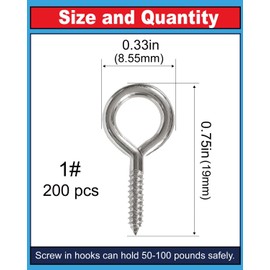 0.75 Inch Small Screw Hooks - 200 Pcs Screw Hooks Kit, Zinc Plated Metal Eye Bolts Screw in Wall, Small and Exquisite Eye Screws for Wood,Small Screw Hooks for Christmas Ornaments Decoration