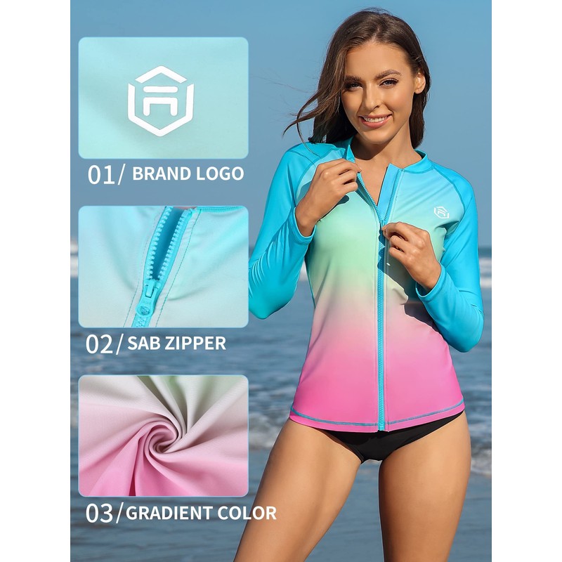 ATTRACO Womens Rash Vest Zipper Long Sleeve UPF 50 Rash