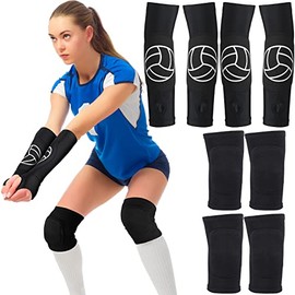 Hungdao 2 Set Volleyball Knee Pad and Arm Sleeve Volleyball Accessories Stuff Forearm Elbow Sleeve Wrist Guard with Protection Pad and Thumb Hole for 