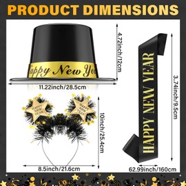Coume 3 Pcs 2025 New Year's Eve Party Supplies New Year Black Gold Hat Happy New Year Headband with Star Boppers Happy New Year Sash Belt Happy New Year Decoration for New Year Party Gift Accessories