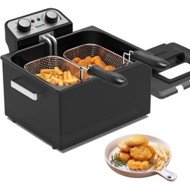 Vexon Large Electric Deep Fryer 4.9L/20 Cups, 1800W Black Stainless Steel Countertop Pot with 3 Frying Baskets, View Window Lid & Adjustable Temperature, Ideal for Home Fish Frying