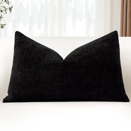 JOTOM Chenille Cushion Covers 30x50 cm Soft Black Decorative Throw Pillow Covers 12x20 Inch Lumbar Cushion Case Solid Pillowcases for Couch Sofa Living Room Bed Home Decor (Black)