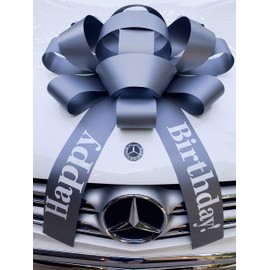 CarBowz Big Happy Birthday Car Bow, Giant 30" Bow, Non Scratch Magnet, Weather Resistant Vinyl Silver