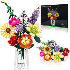 Flowers Bouquet Building Set, 9 Kinds of Artificial Flowers Botanical Collection and Decorative Home for Mother's Day, Birthdays, Valentine's Day Gifts Ideal for 6+ Women Girls Adults, No Vase