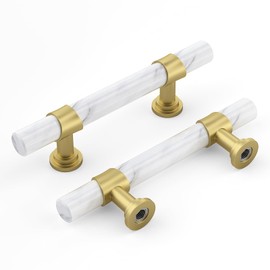 Haliwu 10 Pack White Marble Cabinet Pulls, 2 Tone Cabinet Handles Marble Grain and Gold Pulls, 3 inch Kitchen Hardware Drawer Handles