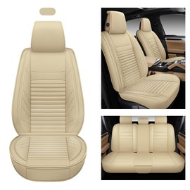 AOOG Leather Car Seat Covers, Leatherette Automotive Seat Covers for Cars SUV Pick-up Truck, Non-Slip Vehicle Car Seat Covers Universal Fit Set for Auto Interior Accessories, Full Set, Beige
