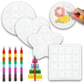 ICEPAPA, 4 White Puzzles and 4 Wax Crayons (9 Colours in 1), Creative Puzzle Design Yourself, Ideal for Party Bags, Children's Birthday Parties and Children's Birthday Party Favours