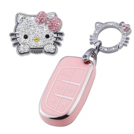 Pangpai Pink Car Accessories 3 Pcs for Jeep Grand Cherokee Renegade Wrangler Patriot Grand Commander Key Fob Cover with Bling Keychain Cute Push to Start Button Cover
