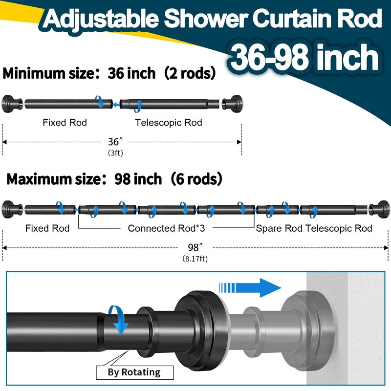 Black Shower Curtain Rod 36-98 Inch(3-8.17ft) Never Rust Non Slip