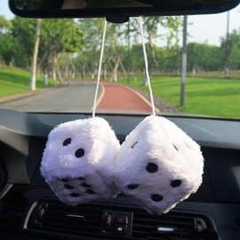 Fuzzy Plush Dice with PU Leather Dots Hanging Ornament, 3 inch Retro Square Hanging Decoration Truck Handle Strap Home Decorative Chrismas Tree Room Door Hanging Decoration (White)