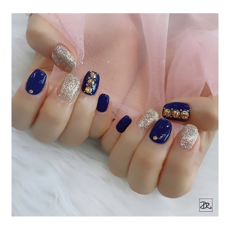 [Handmade Nail Tips] Gold Glitter Navy Stone Nails / [수제네일팁]