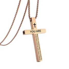 INTIMATE LOVER Christian Cross Breathing Necklace, Stainless Steel, Anxiety Relief, Inspirational Bible Verse Design (YOU ARE, Rose Gold)