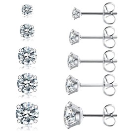 Steel Color, 5 Pairs Stud Earrings Set, 316L Stainless Steel 3-7mm Hypoallergenic Cubic Zirconia
