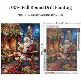 Zlinnar Christmas Diamond Painting Kits-Santa Claus Diamond Art for Adults Beginners DIY 5D Round Full Drill Painting with Mosaic Art Crafts Kits Home Wall Decor 12×16 Inches