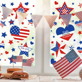 Whaline 9 Sheets 206Pcs 4th of July Window Clings Red Blue White Star Heart Shape Patriotic Window Decals Double-Sided Window Decor for Independence Day Home School Office Decor