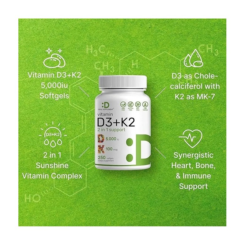 Vitamina D3 5000 IU + K2 100 mcg 250 Cápsulas