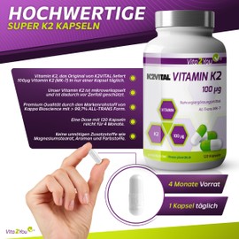 Vitamin K2 100µg – 120 Capsules – Natural Menaq Uinon MK-7 > 99% all Transformations – Premium Quality – Made in Germany