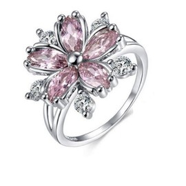 Awmnjtmgpw 925 Sterling Silver Romantic Flower Zircon Ring Fashion Pink Diamond Set Cherry Blossom Ring Women's Fashion Wedding Engagement Ring Size 6-10 (Size 6)
