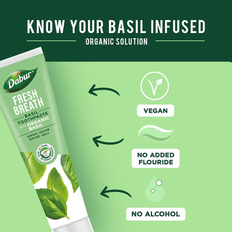 Dabur Organic Basil Toothpaste for Fresh Breath 100ml - Natural