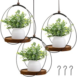 Threehoney 3 Pack Hanging Planters for Indoor Black Plant Hanger with Round Wood Base Large Indoor Hanging Plant Shelf Round Boho Holder Gift for Mom,Housewarming
