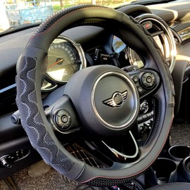 PINCTROT Steering Wheel Cover Great Grip with 3D Honeycomb Anti-Slip Design, Universal 14.5-15 Inch (Black/Red Stitch)