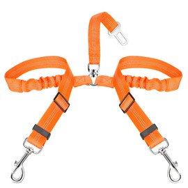 SlowTon Dog Seat Belt, Double Dog Seatbelt Adjustable Vehicle Safety Leash with Elastic Bungee Buffer, Reflective No Tangle Y Shape Two Dog Harness Seat Belt Splitter for Pets Car Trip (Orange, S)
