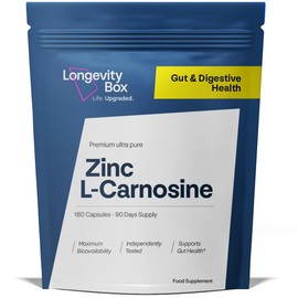 Longevity Box Zinc L-Carnosine Supplement - 75mg of Maximum Bioavailable Zinc L-Carnosine Per Serving, Supports Gut Health, Nutrient Absorption, Digestive Comfort - 180 Capsules, 3 Months Supply