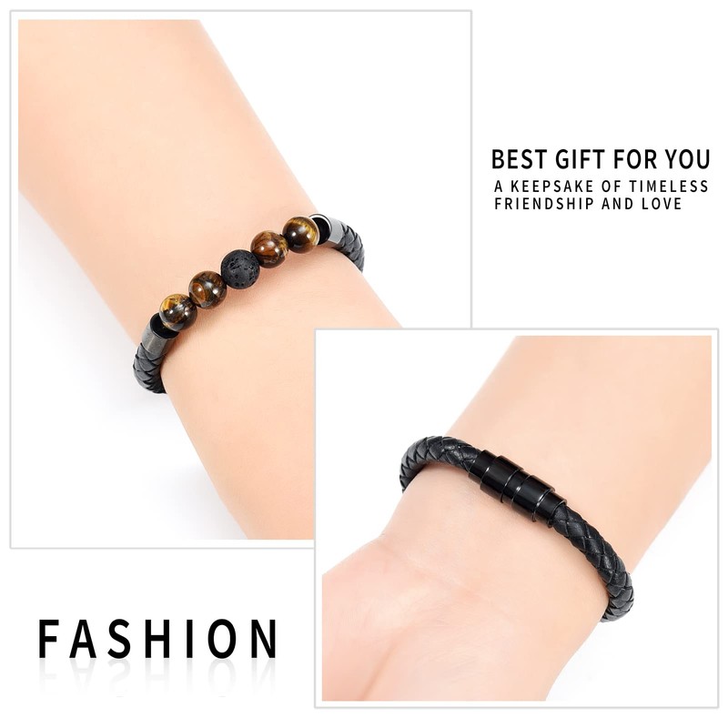 Leather Cremation Memorial Urn Bracelet Lava Stone 316L Stainless Steel