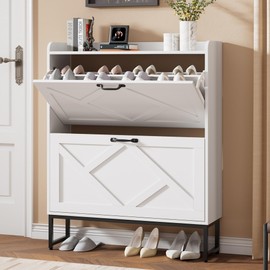 Nicetree Shoe Storage Cabinet with 2 Flip Drawers, Freestanding Shoe Organizer, Shoe Cabinet with Metal Legs, Narrow Shoe Rack Cabinet, Farmhouse Slim Shoe Cabinet for Entryway, Foyer, Hallway, White