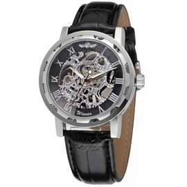 Men's Fashion Mechanical Wristwatch Transparent Dial with Skeleton Design Leather Band Automatic Manual-Winding Watch