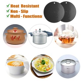 2 Pack Heat Resistant Silicone Pot Holder Trivet Mats,Heat Proof Hot Pads Flexible Jar Opener, Non Slip Trivet for Hot Dishes,9.25" Diameter Durable Pot Coaster Kitchen Mats (Round Black)