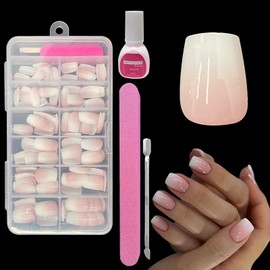 ZAHRVIA Press on Nails Kit, Natural Gradient Pink Fake Nails with Glue, Acrylic Square Fake Nails Pink Tips, 120Pcs Glossy Full Cover Stick on Nails for Women Girls Nails Art (Gradient Short Square)