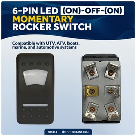 Five Oceans 6-Pin LED (On)-Off-(On) Momentary Rocker Switch, 25A/12V DC - 15A/24V DC, SPST, IP66 Waterproof, UTV, ATV, Marine, and Boat - FO3015