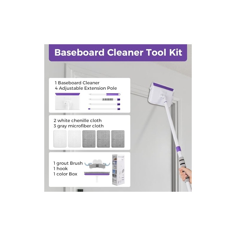 wlich Baseboard Cleaner Tool with Handle 2.0, 60" Extendable Long