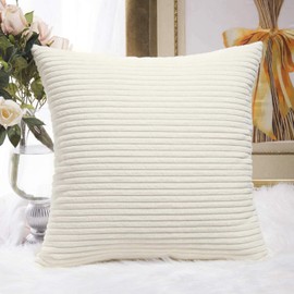 Home Brilliant Decor Striped Corduroy Velvet Cushion Cover for Baby Supersoft Decorative Pillowcase, Creamy White, 18x18 Inches(45cm)