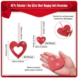 MixTeach 48 Pcs Valentine's Day Heart Hanging Swirls Glitter Heart Decor Red Heart Garland Ornament Ceiling Decorations for Bridal Shower, Engagement, Anniversary, Wedding Party Supplies