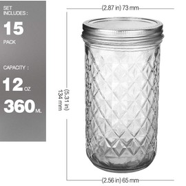 VERONES Mason Jars 12 OZ, Canning Jars Jelly Jars With Regular Lids, Ideal for Jam, Honey, Wedding Favors, Shower Favors,15 PACK