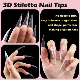 Wellquinn Curved Stiletto Nail Tips Full Cover Dragon Claw Press-On Nails, XXL Clear 3D Eagle Claw Sculptural Fake Acrylic Nails Cat Claw False Nail Tips 300 Pcs 15 Sizes Q44