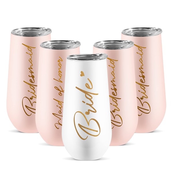 ElegantPark Wedding Gifts for Bride Bridesmaid Gifts Maid of Honor Tumbler 5 Pack Bachelorette Party Champagne Flutes Bridesmaid Gifts for Wedding Wine Tumbler with Lid White Pink 6 OZ