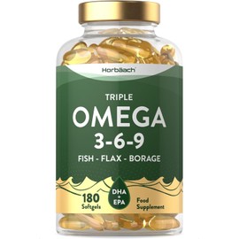 Triple Omega 3 6 9 | 180 Softgel Capsules | High Strength Supplement with EPA, DHA & ALA Essential Fatty Acids | Fish Oil, Flaxseed & Starflower Oil | by Horbaach