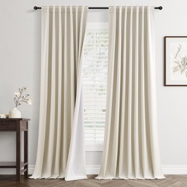 Juego de 2 cortinas opacas color beige crema de 90 pulgadas de largo, para sala de estar, recámara, reducción térmica de ruido, cortinas de lino 100% negro, cortinas de oscurecimiento de habitación