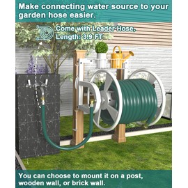 Artigarden Outdoor Wall Mounted Hose Reel with Hook, Garden Heavy-Duty Water Hose Holder Winder with 3.9 ft Leader Hose, Brass Fitting and Storage Basket for Yard, Holds 125 Ft of 5/8-Inch Hose, White