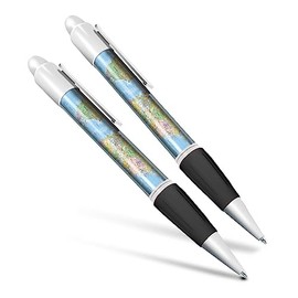 Set of 2 White Ballpoint Pens (Photo Insert) - World Map Globe Earth - Soft Feel Finger Grip #170942