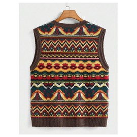 BEAUDRM Men's Tribal Print Sweater Vests V Neck Sleeveless Knitted Tank Tops Streetwear Brown Medium