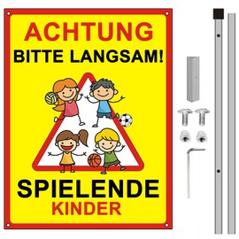 Aluminium Warning Children's Sign, With Screws and Hex Key, Please Slow Drive Sign with Posts Reflective, for Outdoor Indoor Use (35 × 25 cm) (Yellow)