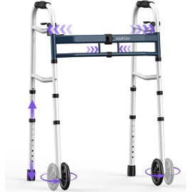 Narrow Walker for Seniors, Adjustable Width Folding Walker with 5" Wheels, Heavy Duty 350LBS Mobility Walker for Small Spaces & Narrow Doorways, Height Adjustable Lightweight Aluminum Walker