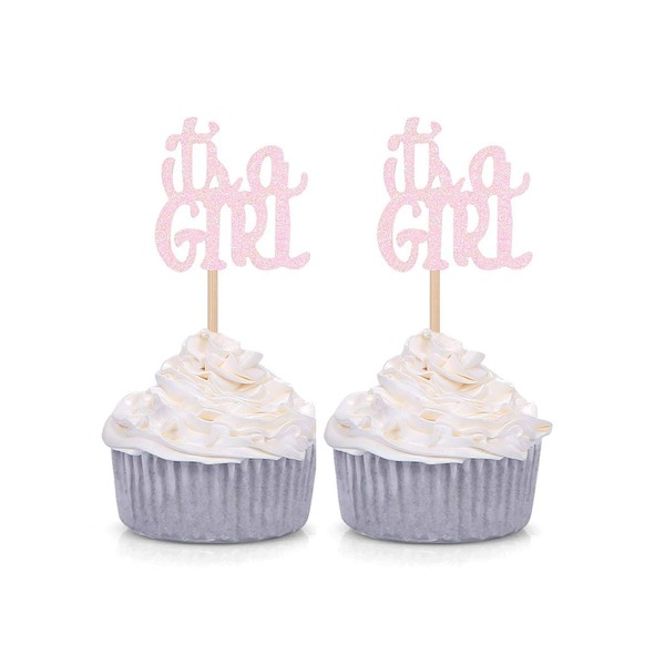 Juego de 24 púas para decoración de cupcakes con purpurina rosa «It's a Girl»