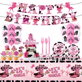111 Pcs Cowgirl Birthday Party Supplies, Include Plates, Napkins, Knife and Fork, Tablecloth, Latex Balloons, Caketoppers, Banners for Western Cowgirl Birthday Party Decorations